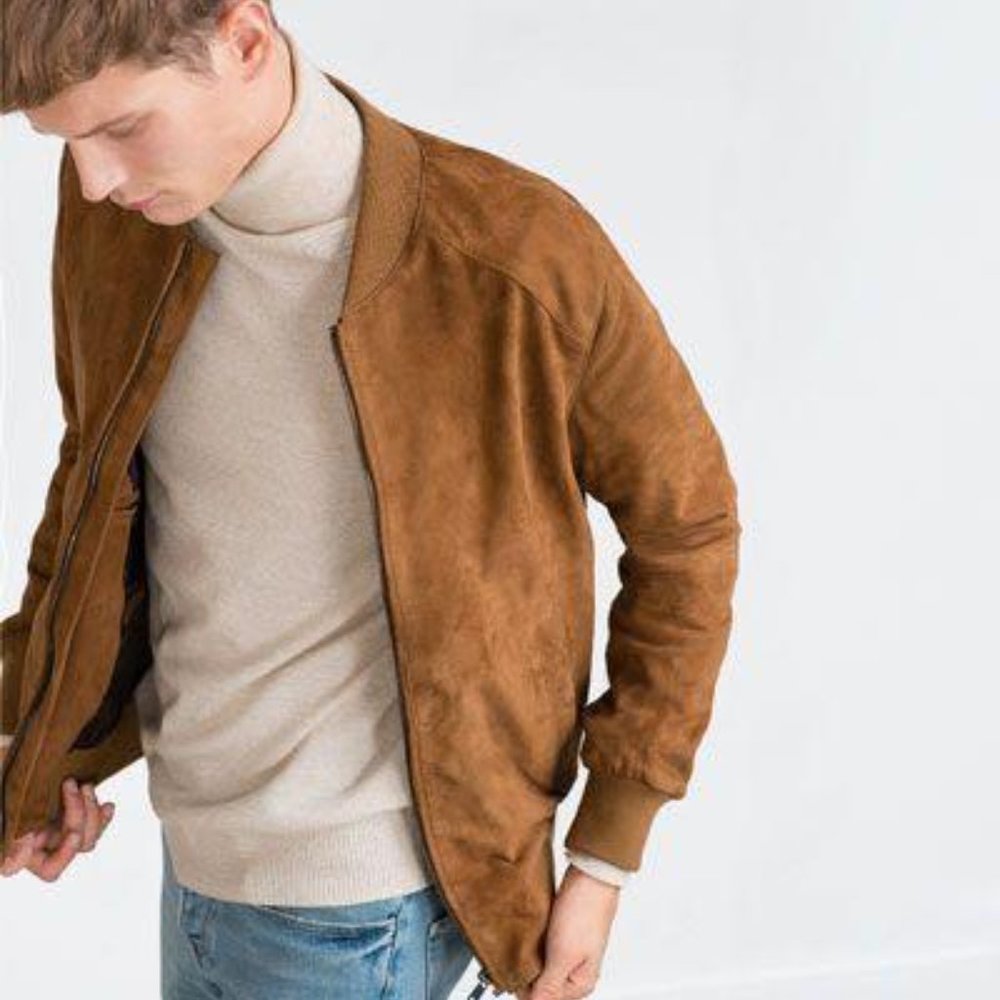 Zara Mens L Full Zip Long Sleeve Cognac Faux Suede Bomber Jacket with Pockets